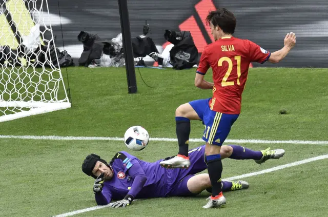 Petr Cech saves at David Silva's feet