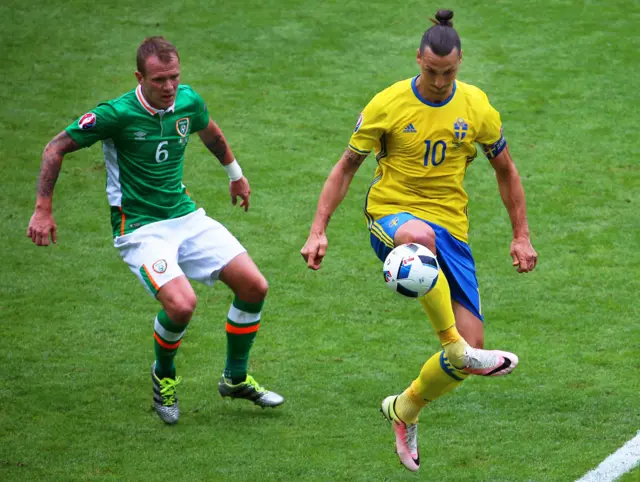 Zlatan Ibrahimovic closed down by Glenn Whelan