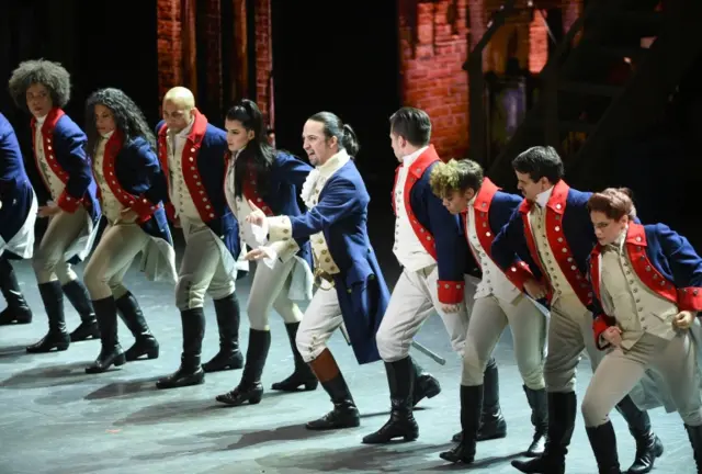 Lin-Manuel Miranda (centre) and the cast of Hamilton perform at the Tony Awards in New York