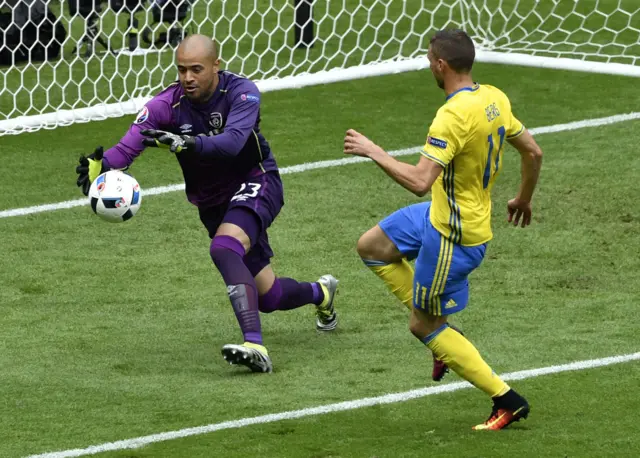 Darren Randolph beats Marcus Berg to the ball