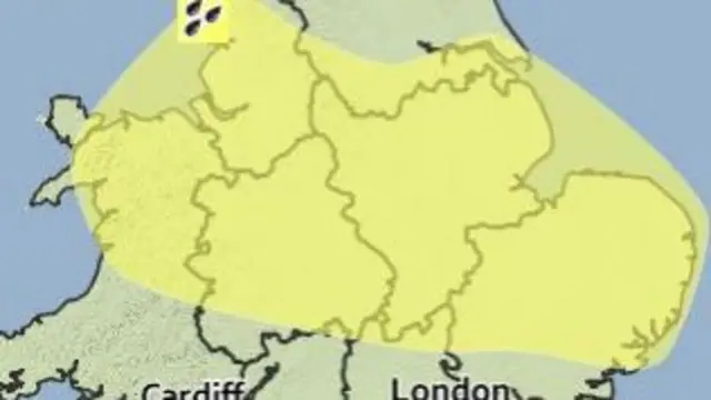 Map of the midlands with yellow rain warning