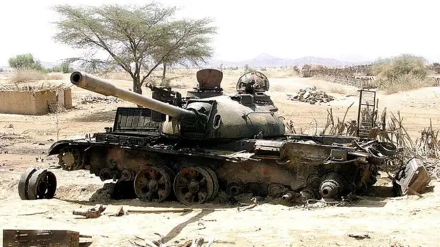 An Eritrean tank destroyed in a battle with Ethiopian troops.