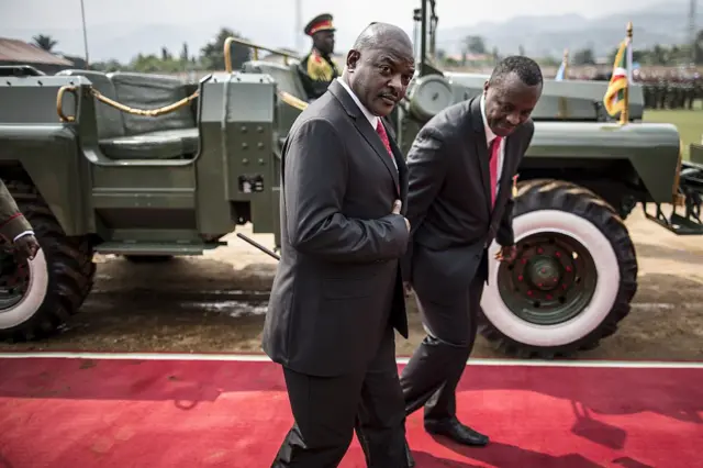 Pierre Nkurunziza (C) arrives for the celebrations marking the 53rd anniversary of the country's Independence at the Prince Rwagasore stadium in Bujumbura on July 1, 2015