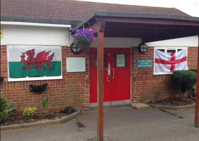 Medina Primary School, in Cosham, Portsmouth, supporting Wales and England with flags today