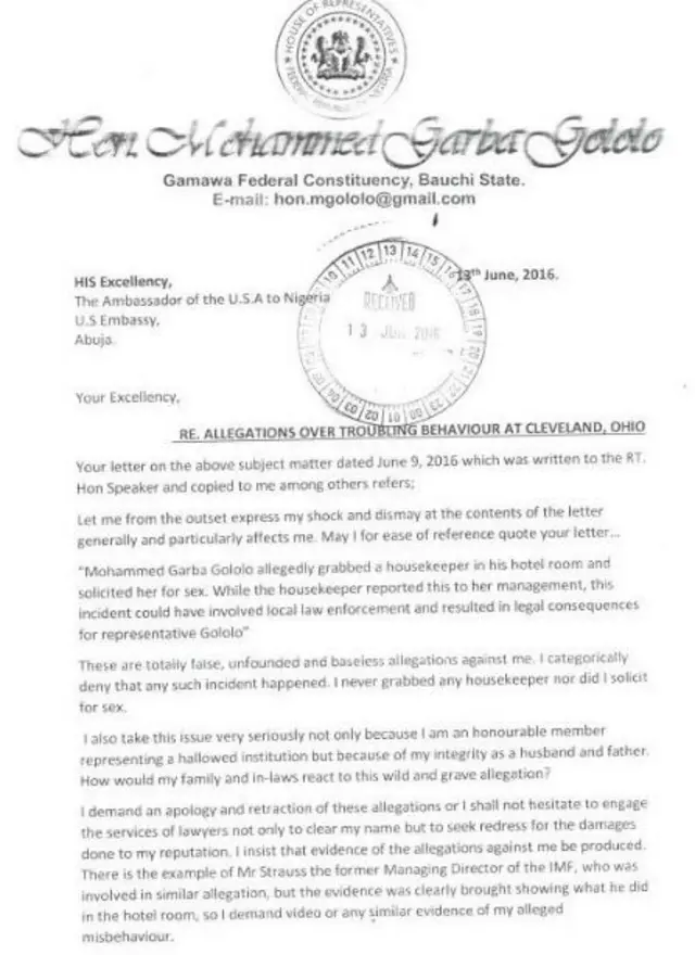 Copy of letter sent to the US embassy