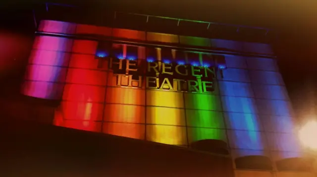 The Regent Theatre in Stoke-on-Trent lit up in pride colours after the Orlando shooting