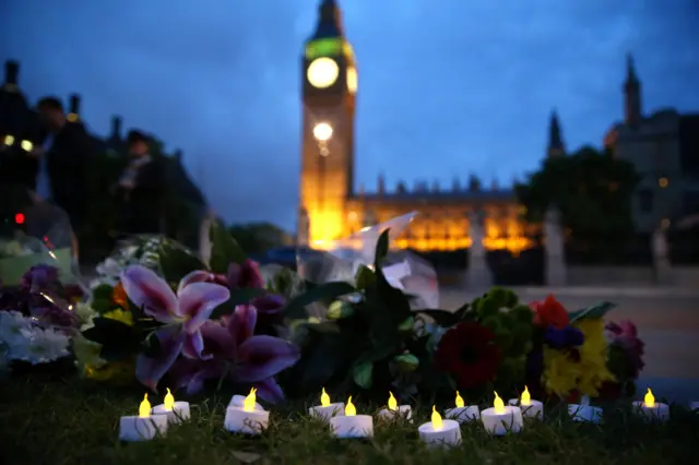 Candles in tribute to Jo Cox outside Parliament