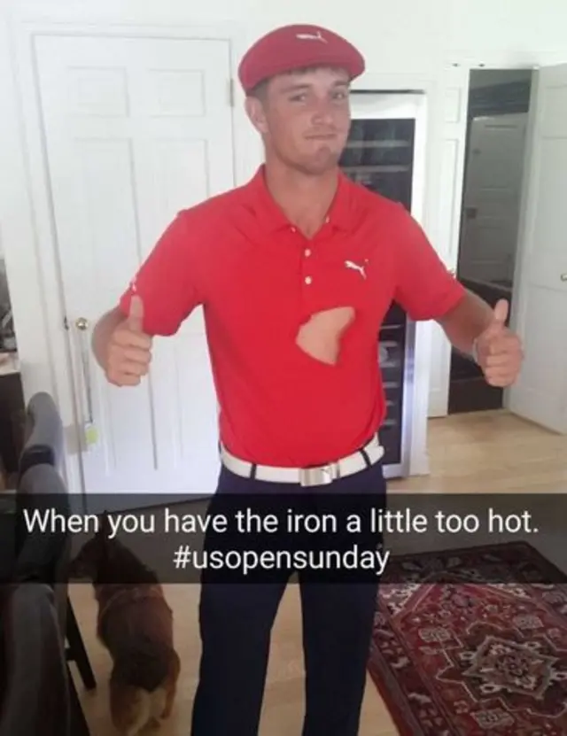 Bryson DeChambeau has a hole in his shirt caused by an iron