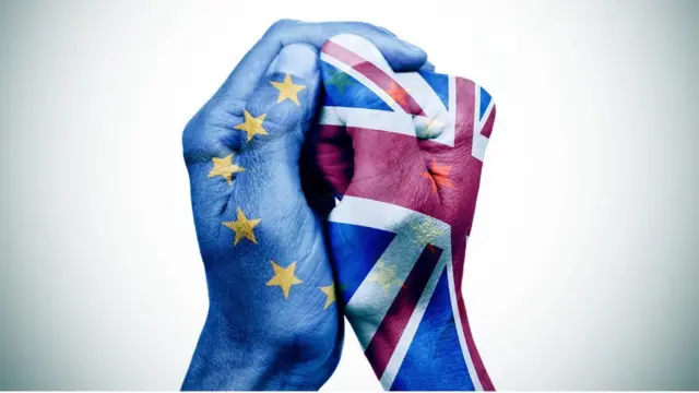 Hands painted in the colours of the UK and EU flags.