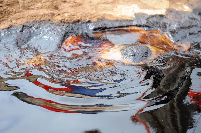 Spilled crude oil floats on the shores of the Niger Delta swamps of Bodo, a village in the famous Nigerian oil-producing Ogoniland, which hosts the Shell Petroleum Development Company (SPDC) in Nigeria's Rivers State on June 24, 2010.