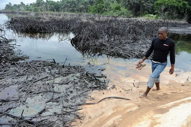 A man walks near the spilled crude oil on the shores and in the waters of the Niger Delta swamps of Bodo, a village in the famous Nigerian oil-producing Ogoniland, which hosts the Shell Petroleum Development Company (SPDC) in Nigeria's Rivers State on June 24, 2010