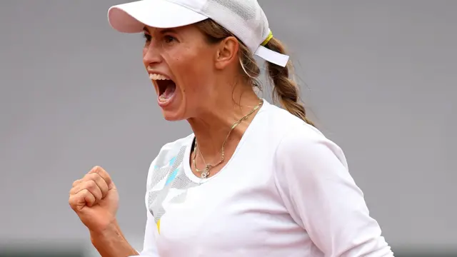 Yulia Putintseva of Kazakhstan celebrates