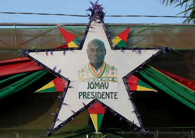 A portrait of José Mario Vaz, presidential candidate of the African Party for the Independence of Guinea-Bissau and Cape Verde, is seen during the aspirant's final campaign appearance May 16, 2014 in Bissau