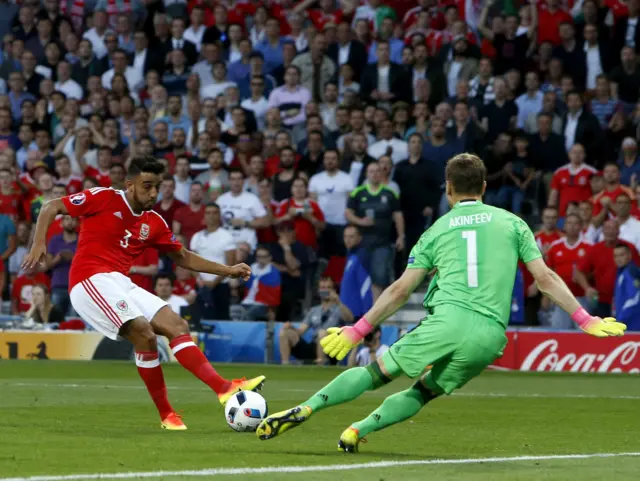 Neil Taylor scores for Wales