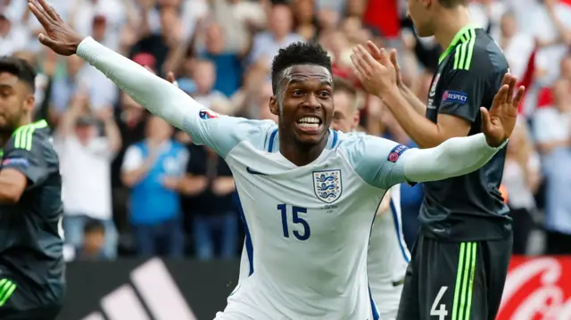 Daniel Sturridge celebrates scoring the winner against Wales