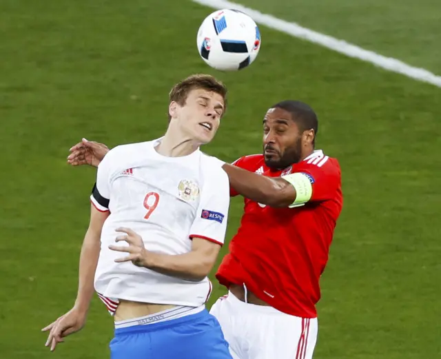 Russia's Aleksandr Kokorin and Wales' Ashley Williams