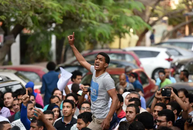 Egyptian protesters chant slogans during a demonstration in Cairo on 25 April 2016