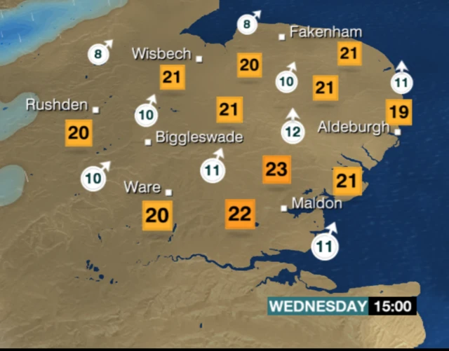 Weather chart for Wednesday 15;00 showing temperatures reaching 21(C) over Norfolk