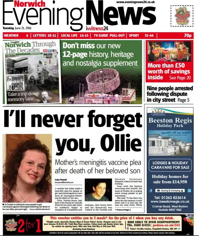 Front page of today's Norwich Evening News