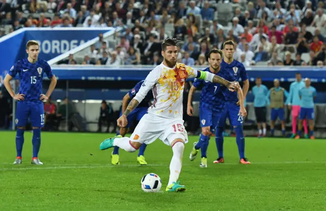 Sergio Ramos of Spain takes a penalty