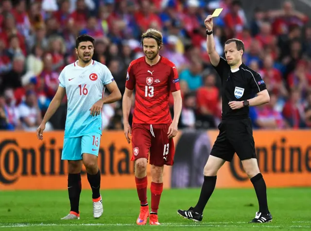 Jaroslav Plasil of Czech Republic is shown a yellow card