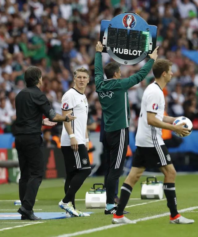 Bastian Schweinsteiger comes on for Germany