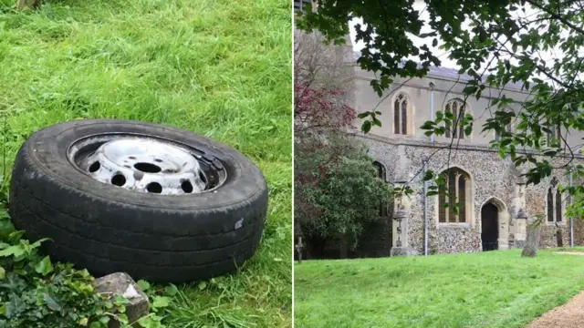 Wheel left behind at St St Laurence’s Church in Foxton and a photo of the church