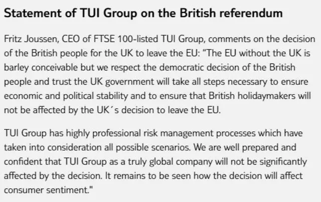 Statement of TUI group on the British Referendum