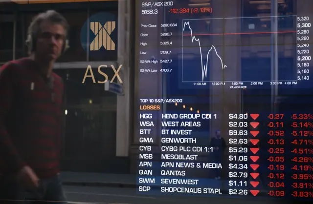 A man looks at the fluctuation in the share prices through a stock exchange window