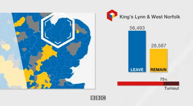 King's Lynn & West Norfolk result: 56,493 leave, 28, 587 remain