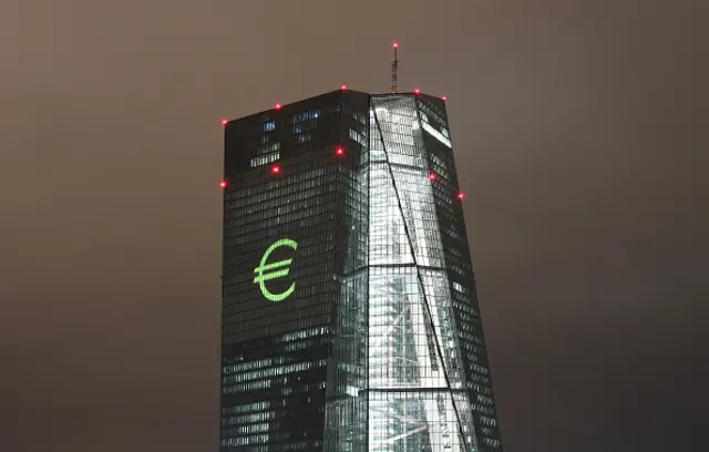 euro logo projected onto ECB building