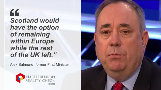 Alex Salmond saying: "Scotland would have the option of remaining within Europe while the rest of the UK left."