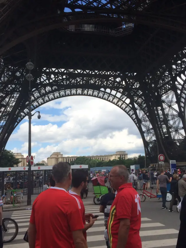 Wales fans by the Eiffel Tower