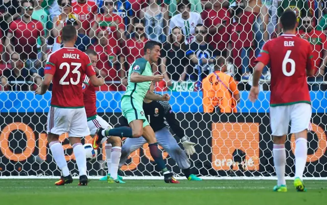 Cristiano Ronaldo scores with flick against Hungary