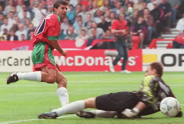 Luis Figo scores against Croatia in 1996