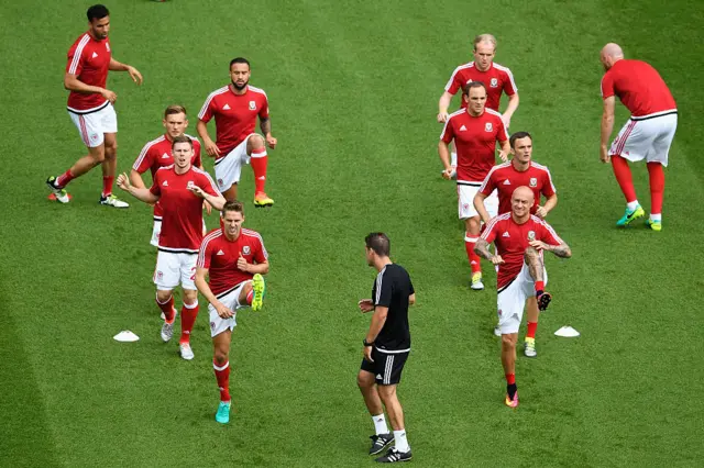 Wales players warming up