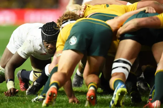 Maro Itoje pushes in a scrum