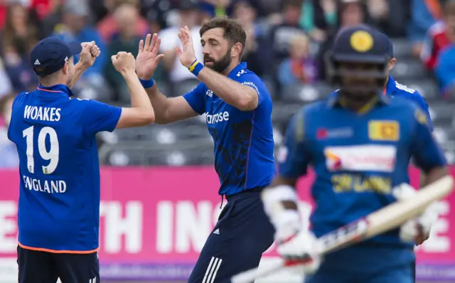 Liam Plunkett celebrates taking Sri Lanka's third wicket