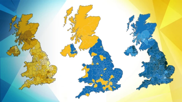 A majority of voters in every council area in Scotland backed Remain, as shown in centre map by yellow