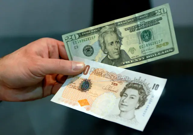 Ten pound note and 20 dollar note