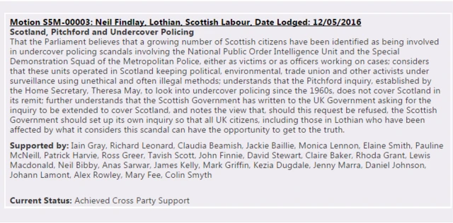 Labour MSP Neil Findlay's motion for the debate on undercover policing