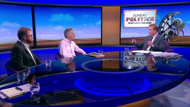 Simon Hamilton, Máirtín Ó Muilleoir and Mark Carruthers in the Sunday Politics studio