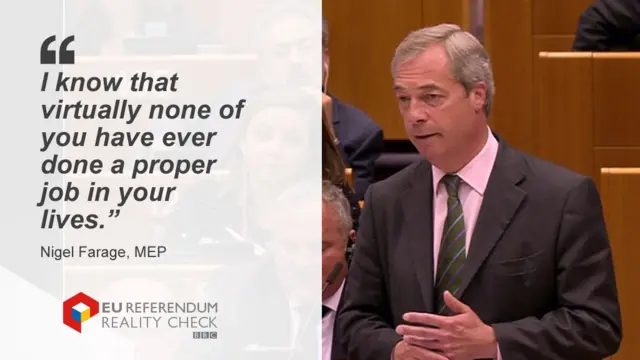 Nigel Farage MEP saying: "I know that virtually none of you have ever done a proper job in your lives."