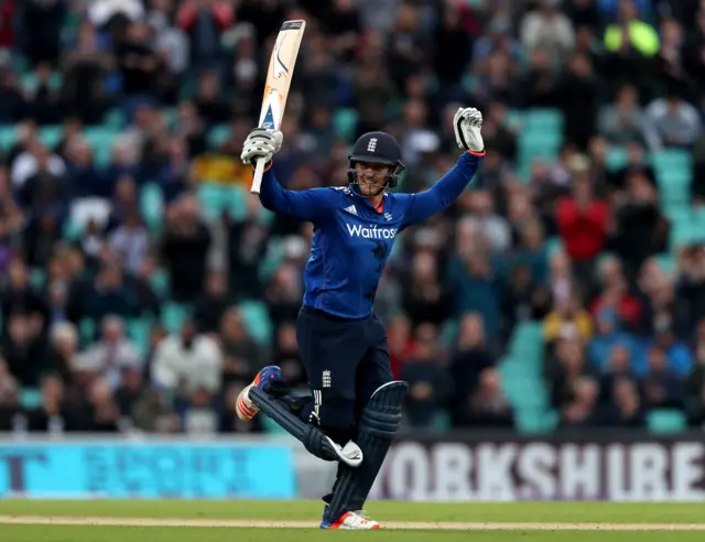 Jason Roy celebrates his century