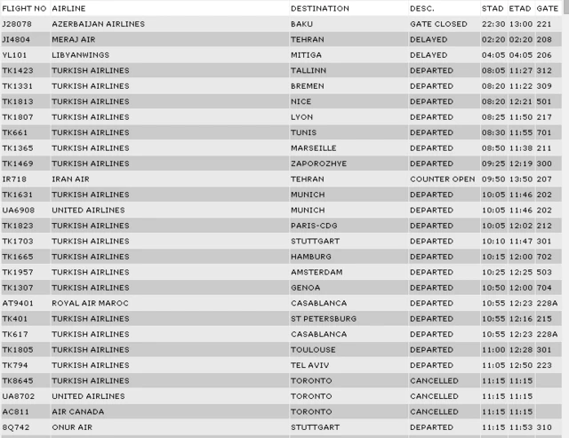 list of departures from the Ataturk airport website