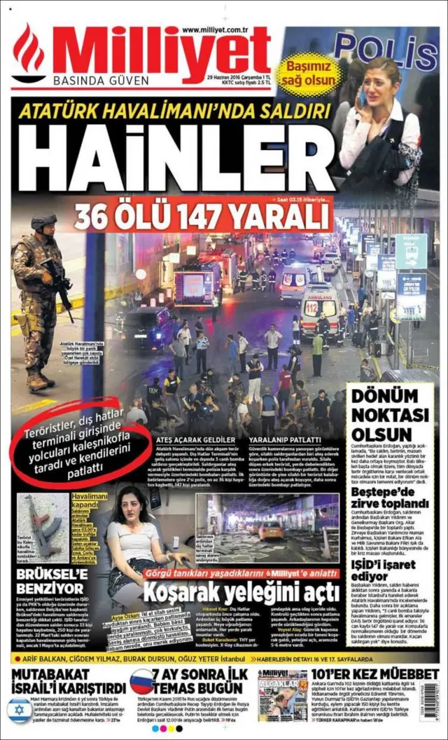 Milliyet front page, calling the attackers traitors