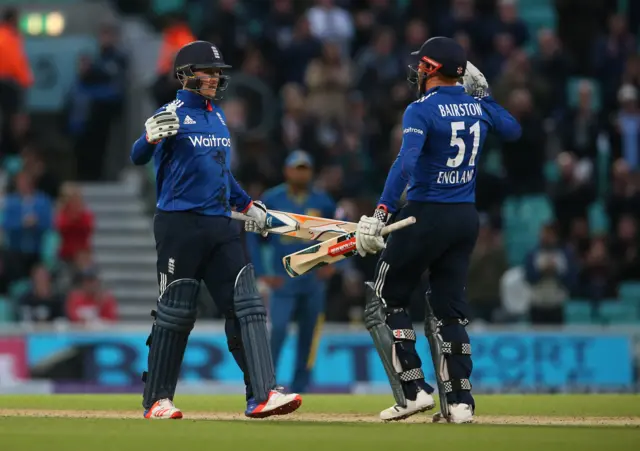 Jason Roy celebrates reaching 150 runs