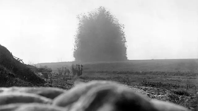 A British mine explodes