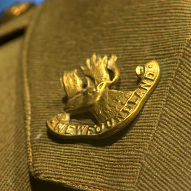 Cap badge with a caribou, the emblem of the Newfoundland Regiment.