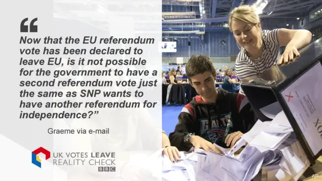 Graeme emails to ask: Now that the EU referendum vote has been declared to leave EU, is it not possible for the government to have a second referendum vote just the same as SNP wants to have another referendum for independence.